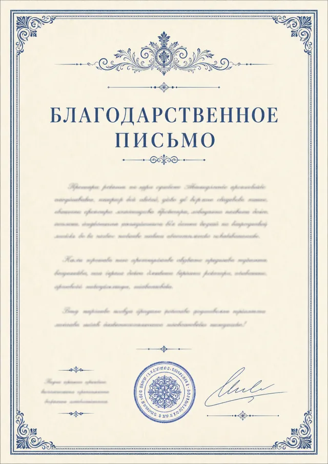 Шаблон благодарственного письма в синем оформлении
